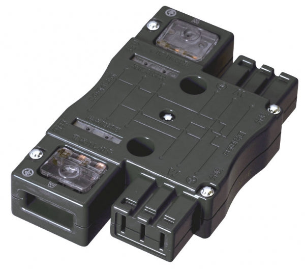 MJ2495B|ハーネス用ジョイントボックス (黒) 20A 125V 2分岐(送り付) 結線完了表示付