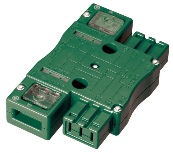 MJ2495M|ハーネス用ジョイントボックス (緑) 20A 125V 2分岐(送り付) 結線完了表示付