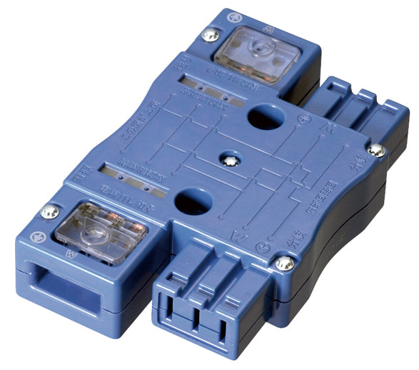 MJ2495|ハーネス用ジョイントボックス (青) 20A 125V 2分岐(送り付) 結線完了表示付