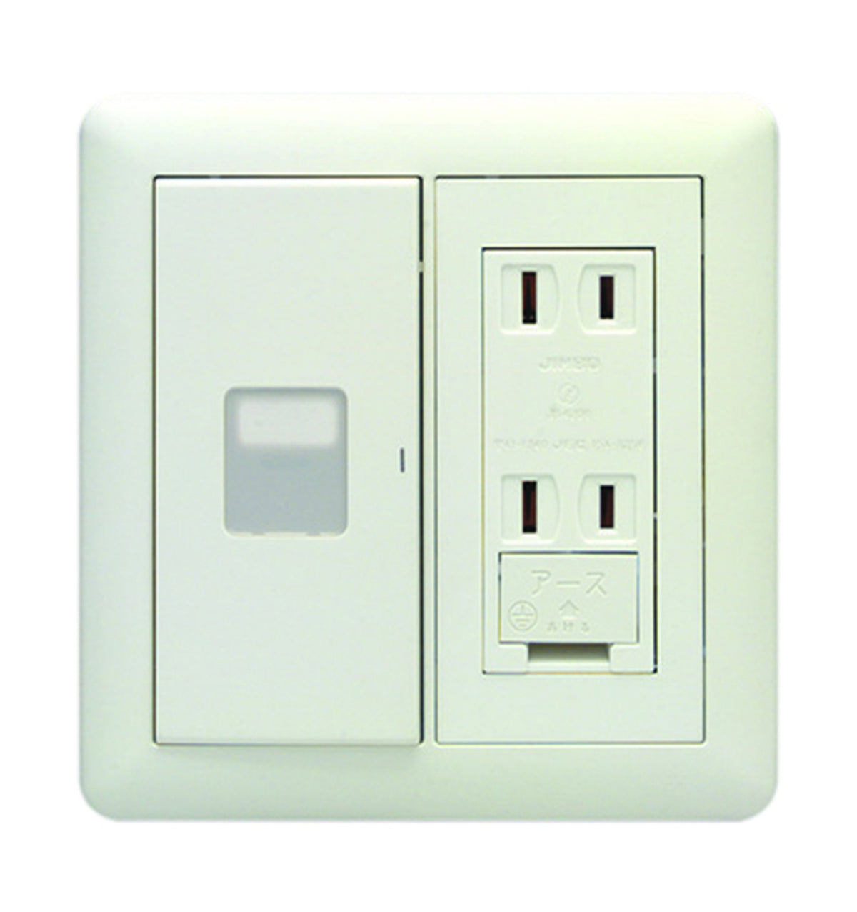 WJHM13405PW｜2連4個用 (マーク付片切スイッチ＆アースターミナル付ダブルコンセント) (マーク付片切SW&E付Wコンセント) PW色