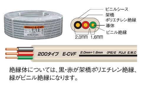 ECVF2.02+1.6100｜E-CVF2.0MMx2C+1.6MM 100m巻｜600V架橋ポリエチレン絶縁ビニルシースケーブル平形 100m巻
