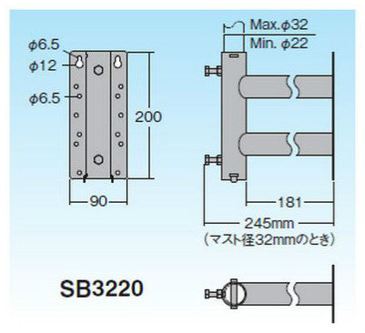SB3220｜サイドベース UHF+BS用 22〜32φ 亜鉛メッキ