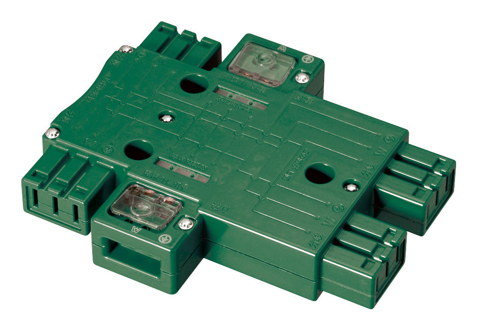 MJ2496M｜ハーネス用ジョイントボックス (緑) 20A 125V 4分岐(送り付) 結線完了表示付