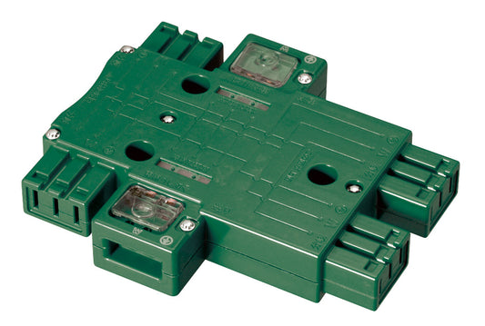 MJ2496M｜ハーネス用ジョイントボックス (緑) 20A 125V 4分岐(送り付) 結線完了表示付